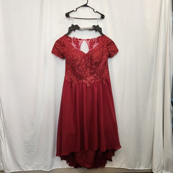 UNKNOWN Garnet Red High Low Corset Lace Sheer Prom Wedding Womens 22 FLAWED - Picture 1 of 12